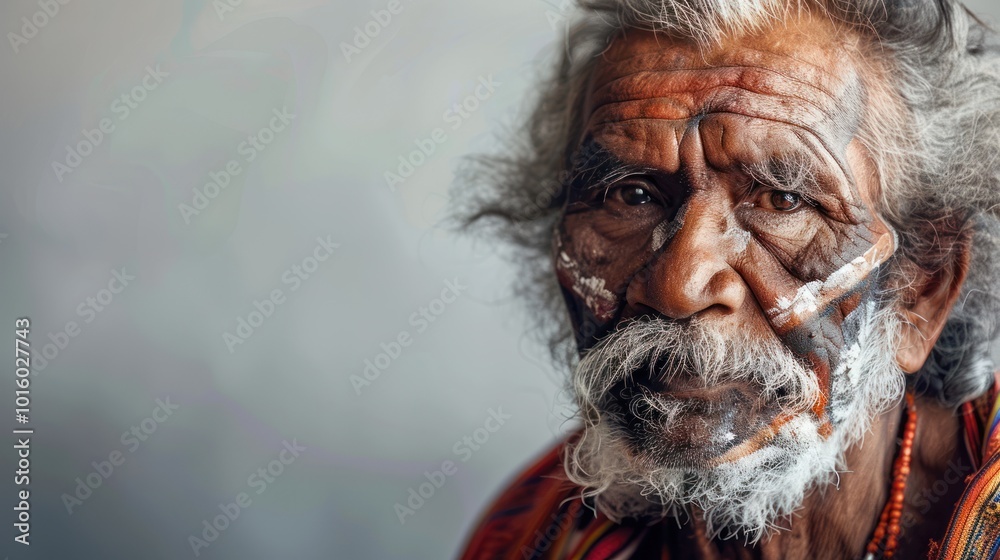 Poster Close-up Portrait of an Elderly Indigenous Man with Facial Paint and a Graying Beard