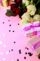  tulips  and gift box on pink background. Stylish soft image of spring flowers. Happy womens day. Happy Mothers day- Image