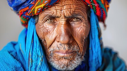 Fototapeta premium Close-up Portrait of an Elderly Man Wearing a Blue and Red Turban