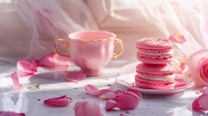 Delicate pink macaroons with a charming tea cup and rose petals on a bright table. Perfect for sweet moments and tea parties.