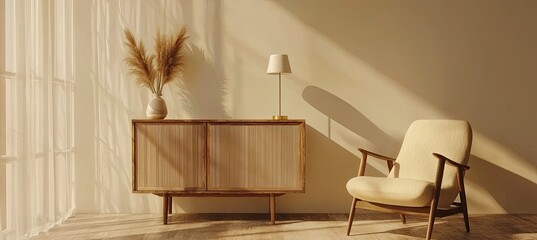 Modern interior design with a wooden cabinet and armchair on a beige wall background, a minimalistic home decor concept