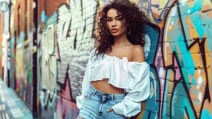 Naklejka premium Young woman in stylish outfit poses against colorful graffiti wall in urban setting. A mix of beauty and street art in this vibrant scene.