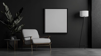 Minimalistic living room interior with black walls, concrete floor, gray armchair and mock up poster frame