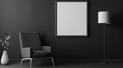 Minimalistic living room interior with black walls, concrete floor, gray armchair and mock up poster frame