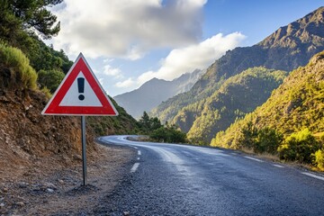 A prominent exclamation mark warning sign stands on a bend of a mountain road, alerting travelers to proceed with caution while witnessing the breathtaking landscape.