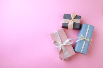  Gift boxes  on color background. Happy womens day. Happy Mothers day.Hello Spring- Image