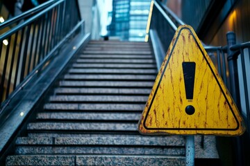 The image captures a yellow caution sign with an exclamation mark positioned at the bottom of a set of stone stairs, suggesting potential danger or caution for passersby.