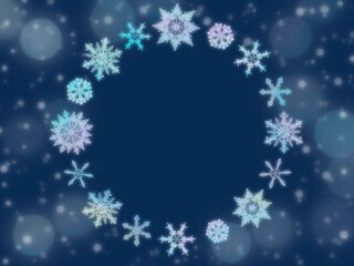 夜空から舞い降りる美しい雪をイメージした丸フレーム。静かで神秘的な冬のイラスト。
