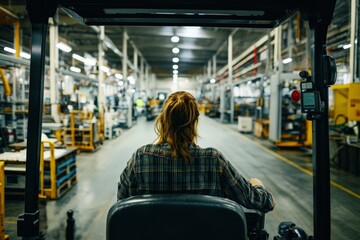 A female worker in a patterned shirt steers machinery through a bustling industrial plant, embodying the essence of focus and competence in a dynamic workspace.