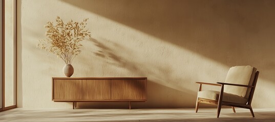modern interior design with a wooden sideboard and armchair against a beige wall background