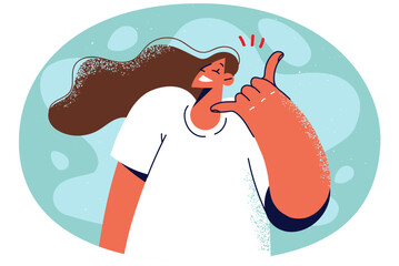 Smiling woman show call me gesture