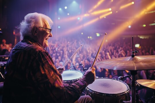 An elderly drummer passionately plays his drum set on stage, electrifying the audience with his performance, as colorful spotlights illuminate the vibrant concert venue.