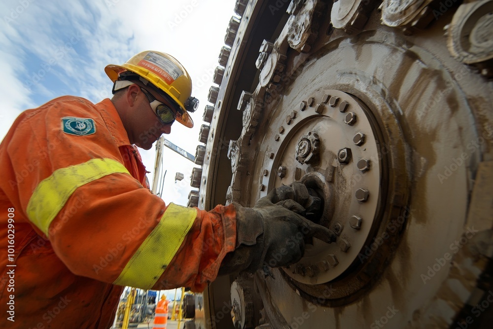 Poster a committed worker in vibrant safety attire focuses intently on repairing complex machinery aboard a