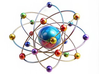 A sweeping visualization of an arsenic atom, featuring 33 electrons in a dynamic, infinite orbital rotation against a clean white background,