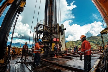 Fototapeta premium Workers on an oil rig drilling platform engage in their tasks against a backdrop of mountains, blending industrial might with natural beauty and human perseverance.