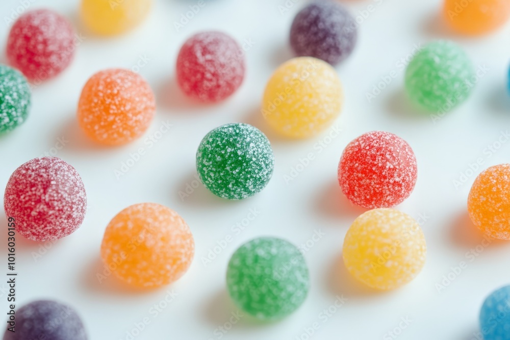 Poster A close-up of colorful jelly candies sprinkled with sugar, arranged on a pristine white surface, symbolizing fun and indulgence in a vibrant array of colors.