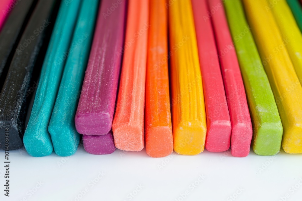 Poster An array of bright and colorful candy sticks are neatly aligned, showcasing a vibrant spectrum of colors and enticing textures on a neutral background.