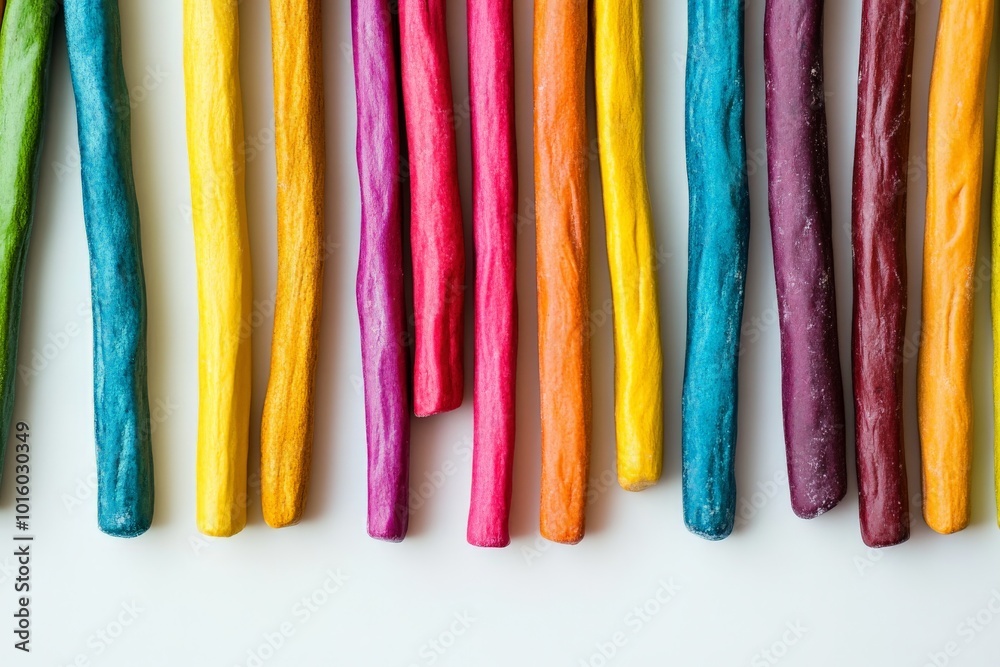 Poster a playful assortment of colorful candy sticks spread out on a white surface, showcasing a delight of