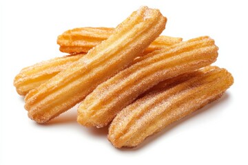 A delightful stack of six churros dusted with cinnamon sugar sits invitingly on a plain white surface, beckoning snack lovers to indulge in this sweet Spanish classic.