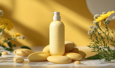 Shampoo or cream bottle arranged on yellow atmospheric stone with water drops. Product photography concept, Generative ai