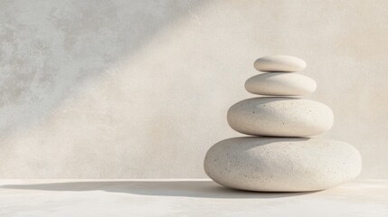 A stack of four smooth white stones against a light beige background.