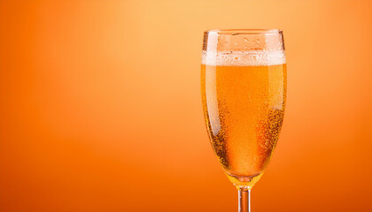 Carbonated drink in champagne glass on orange backdrop. Delicious alcoholic beverage.