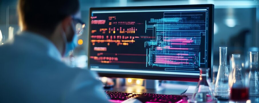 Quantum AI computer, solving complex problems, neon-glowing lab