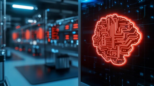 Quantum computing AI, solving complex problems, neon circuits in futuristic lab