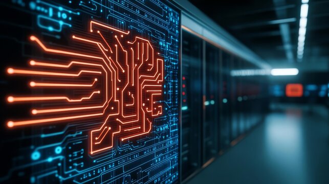 Quantum computing AI, solving complex problems, neon circuits in futuristic lab