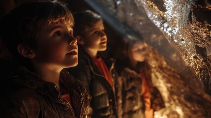 Obraz premium Three inquisitive children explore a dimly lit cave, captivated by glimmering formations that reflect their wonder and curiosity.