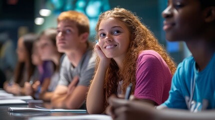 Obraz premium A lively classroom scene featuring engaged students, showcasing diversity and collaboration in a learning environment.