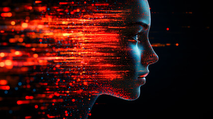 A face in profile dissolves into vibrant red streams, conveying emotion, urgency, and a sense of dynamic digital movement.