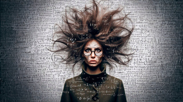 Portrait of a mad genius with a ridiculous hairstyle against the background of numbers, formulas, dynamic image