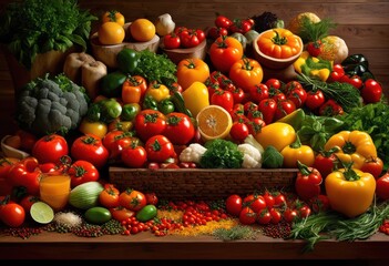 colorful mosaic fresh organic ingredients featuring assorted vegetables fruits herbs spices visual feast, arrangement, food, nature, colors, textures