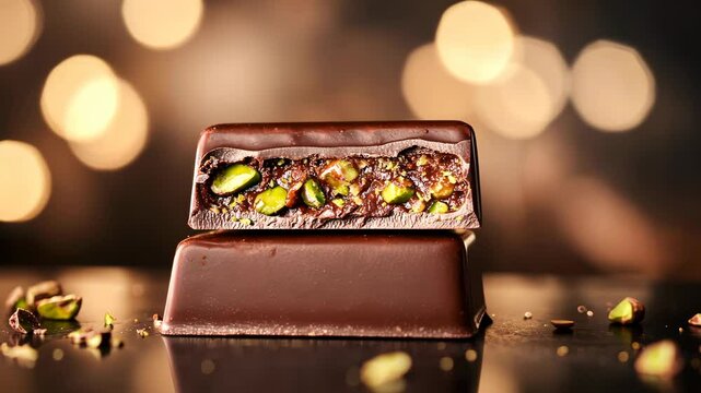 Close up of a dark Dubai chocolate bar with a bite taken from it against a blurred background, the chocolate bar is stuffed with a thick layer of pistachio filling that seeps out the sides