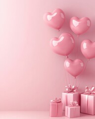 Beautiful pink birthday background with inflated helium balloons in the shape of hearts and gifts on the side with space for text, inscription with background