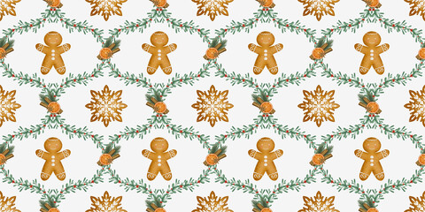 Cozy seamless pattern with gingerbread men and pine branches on a white background