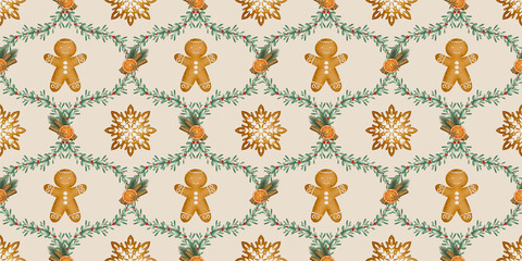 Seamless pattern. Christmas Pattern with Gingerbread Men and pine branches for holiday decor on light coffee color background