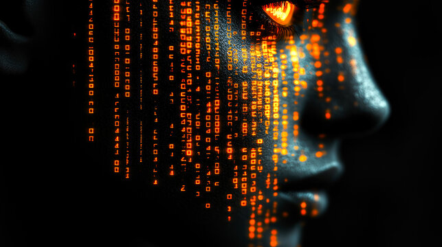 A futuristic digital face with streams of glowing orange code cascading from an eye, symbolizing technology and data overload.