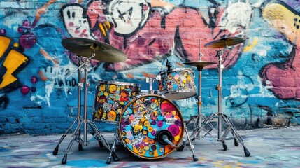 Colorful Drum Set Against Urban Graffiti Backdrop
