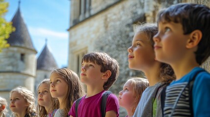 A group of children gazes in wonder, standing outside a historic building, illuminated by bright sunlight.