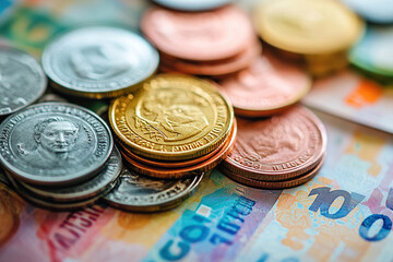 The concept of material goods. Coins and paper money. Generated by artificial intelligence