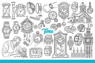 Clocks indicating time hang on walls or are intended to be worn on hand, near buildings with chimes. Vintage clocks and alarmclock near hourglass and craftsman repairing mechanism. Hand drawn.