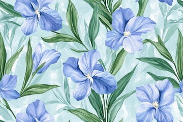Watercolor blue flowers green leaves pattern