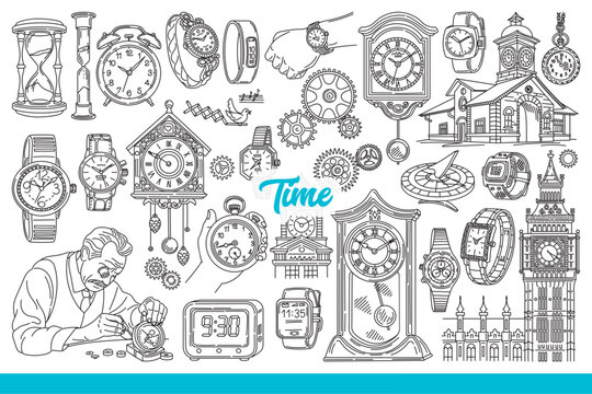 Clocks indicating time hang on walls or are intended to be worn on hand, near buildings with chimes. Vintage clocks and alarmclock near hourglass and craftsman repairing mechanism. Hand drawn. - Powered by Adobe
