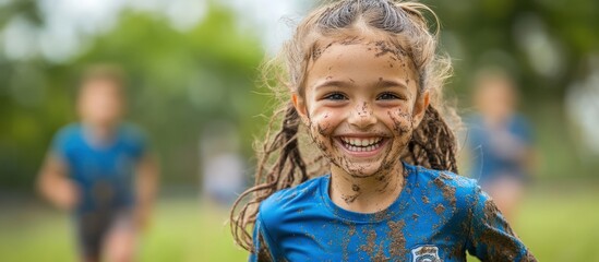 A young girl covered in mud smiles brightly at the camera while running in a field.