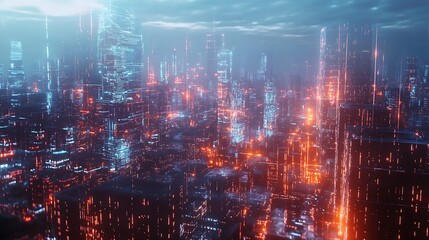 Glowing digital lights shining across futuristic cityscape during nighttime