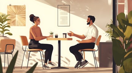 Two people having a conversation in a cafe setting