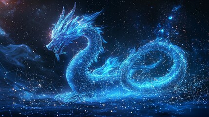 An ethereal dragon crafted from light, swirling through a mysterious starlit space, capturing a profound essence of fantasy intertwined with cosmic exploration.