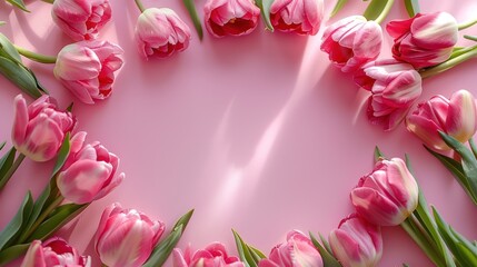 Pink tulips arranged in a heart shape on a pink background